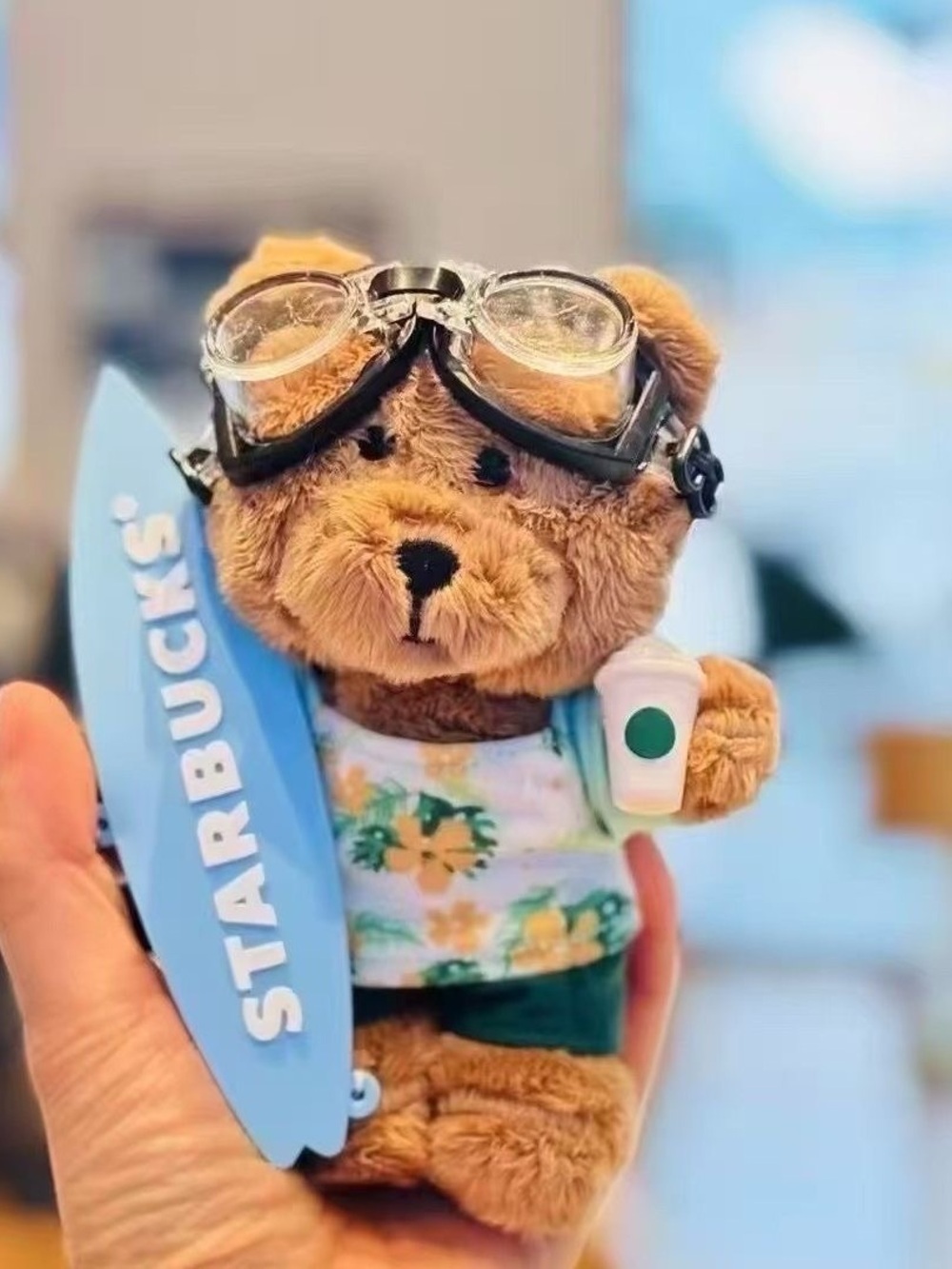 Starbucks Brown Bear Keychain with Blue Surfboard and Tropical Outfit